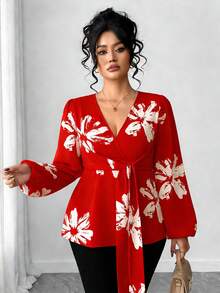 Elenzga 大码女式印花优雅交叉领系带荷叶边泡泡袖长连衣裙，秋季上衣 - 彩色 - 查看 3