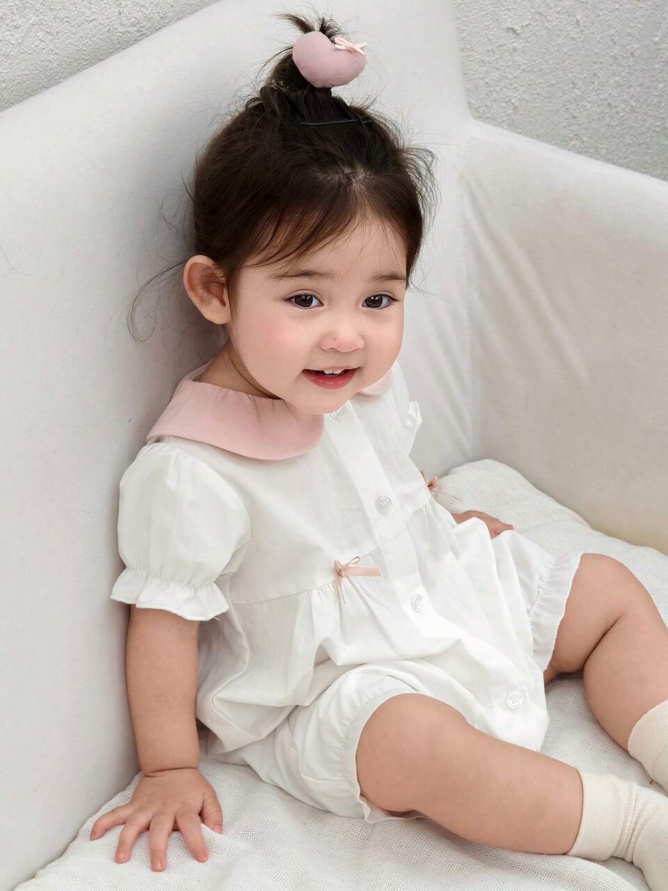 Baby Girls' Collared Contrast Color Bow Decor Comfortable Casual Chic Romper Summer Toddler Girls Clothes