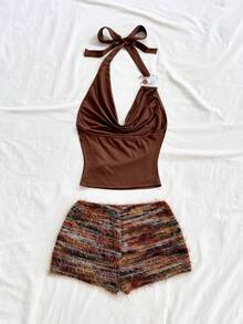 Soleia Spring/Summer New Casual Vacation Western Beach Wedding Guest Attire Graduation Brunch Women's Outfit, St. Patrick's Day Spring Break Easter Music Festival Elegant Bohemian Tropical Halter Tie Metallic Beaded 2 Pieces Set, Brown,Summer Holiday Outfits ,Summer Outfits For Women,Beach Outfit - Multicolor - View 2