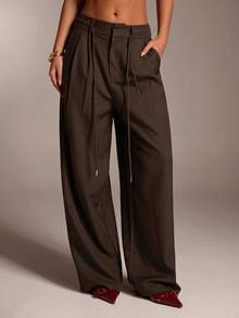 SHEIN Tall CURVE Plus Size Solid Color Drawstring Waist Slant Pocket Casual Pants Wide Leg Pants Pleated Pants Oversized Pants Brown Pants For Women,Daily Commute,Going Out,Workplace, Office - Brown - View 7
