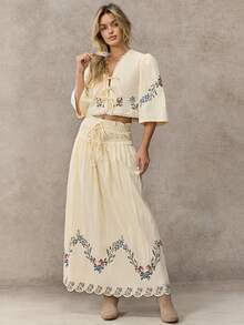 WESTFADE Chân váy midi chữ A thêu hoa, eo dây rút, xếp ly. - Màu vàng - Xem 2