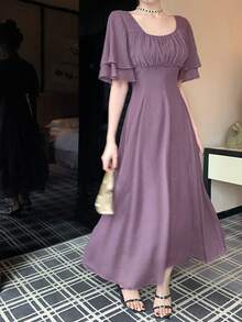 Women's Solid Color Pleated Square Collar Ruffle Sleeve Elegant Party Dress Sundress - Purple - View 9