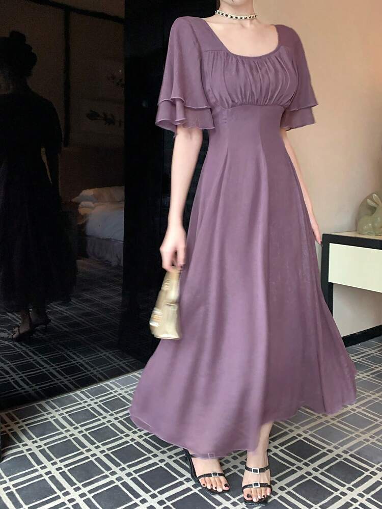 Women's Solid Color Pleated Square Collar Ruffle Sleeve Elegant Party Dress Sundress