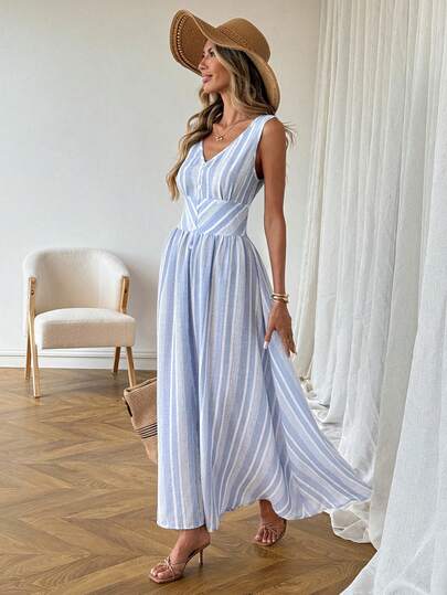 SHEIN LUNE Randig ärmlös klänning för kvinnor, enkel outfit för vår/sommar