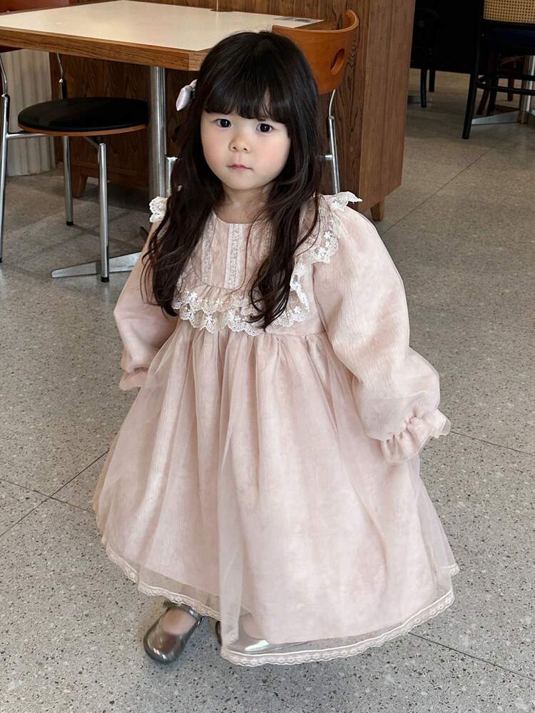 Toddler Girls' Lace Patchwork Party Dress, Korean Style Jacquard Weave Birthday Dress, Pink