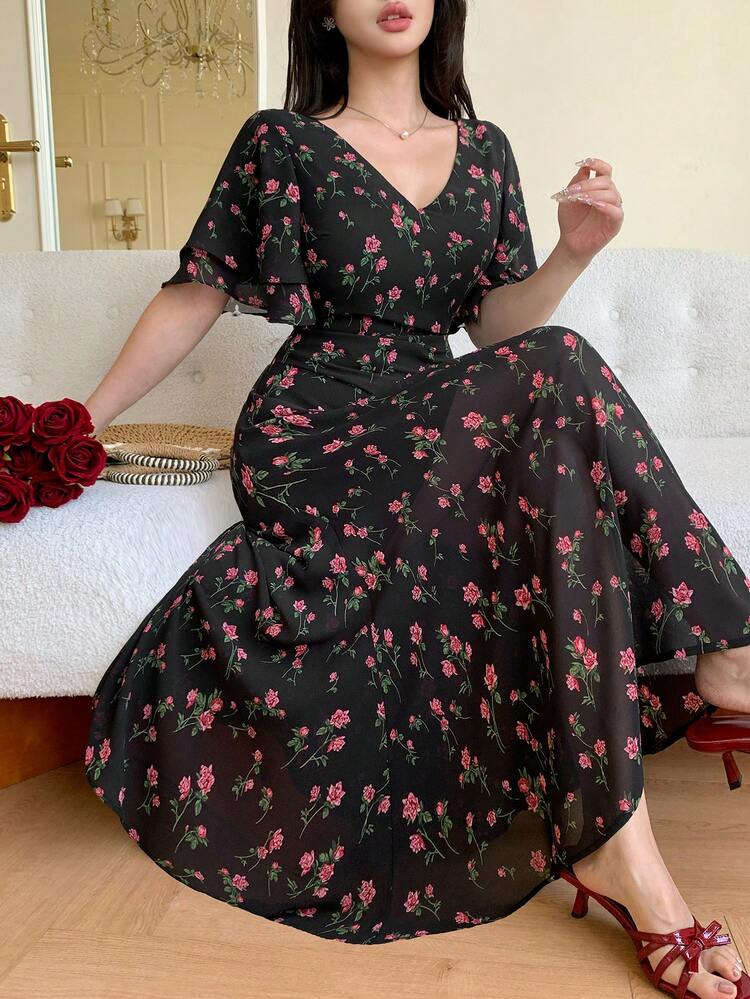 Women's Elegant Floral V-Neck Ruffle Sleeve Dress, Summer Wedding Guest Dress Easter Sundress Boho
