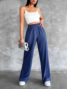 SHEIN Tall Cotton Tall Size Solid Elastic Waist Straight Leg Pants - Navy Blue - View 3