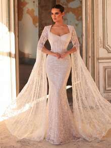 Aureia Elegant And Glamorous, White, Luxurious Sequin Embroidery, Sweetheart Neckline, Flowing Sleeves, Boning Silhouette, Mermaid Train. Suitable For Weddings, Bridal Gowns, Formal Occasions, And Wedding Dresses. - White - View 4