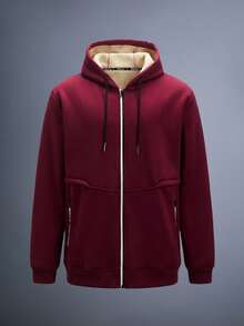 Driftmere 1pc Thick Sherpa Zip-Up Hoodie Jacket For Men Long Sleeve, Casual Knit Fleece - Red - View 1
