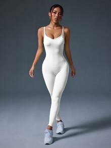 Easithlete Áo liền quần hai dây màu trơn dành cho nữ - trắng - Xem 6