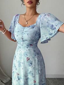 Modelyn Women's Chiffon Butterfly Print Batwing Sleeve Ruched Sweet A-Line Dress, For Summer - Blue - View 6