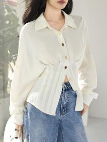 Heiryn Elegant Off-White Women's Loose Ribbed Button Up Blouse,Autumn Office Oversized Shirt For Vacation Wedding Guest Party,Spring Summer Cream Blouse - White - View 2