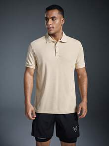 Driftmere 男士杏色純色 Polo 領短袖針織 Polo 衫，鈕扣設計，夏季高爾夫球衫，輕量透氣涼爽，休閒舒適，送給父親/丈夫的禮物 - 杏色 - 查看 4