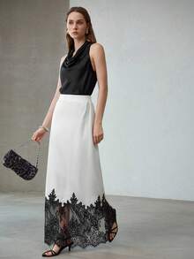 MOTF PREMIUM WOMEN'S SATIN & LACE PATCHWORK CONTRAST COLOR SKIRT - Black and White - View 7