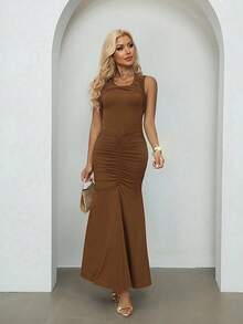 Xyvia Women's Elegant Coffee Colored Ruched Round Neck Cross Wrap Front & Back Design Fitted Mermaid Hem Sleeveless Dress, Spring/Summer - Coffee - View 5