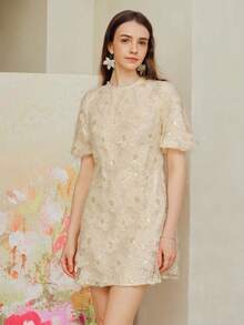 MOTF PREMIUM VESTIDO DE MANGA ABULLONADA CON MALLA DE CONTRASTE - Albaricoque - Ver 7