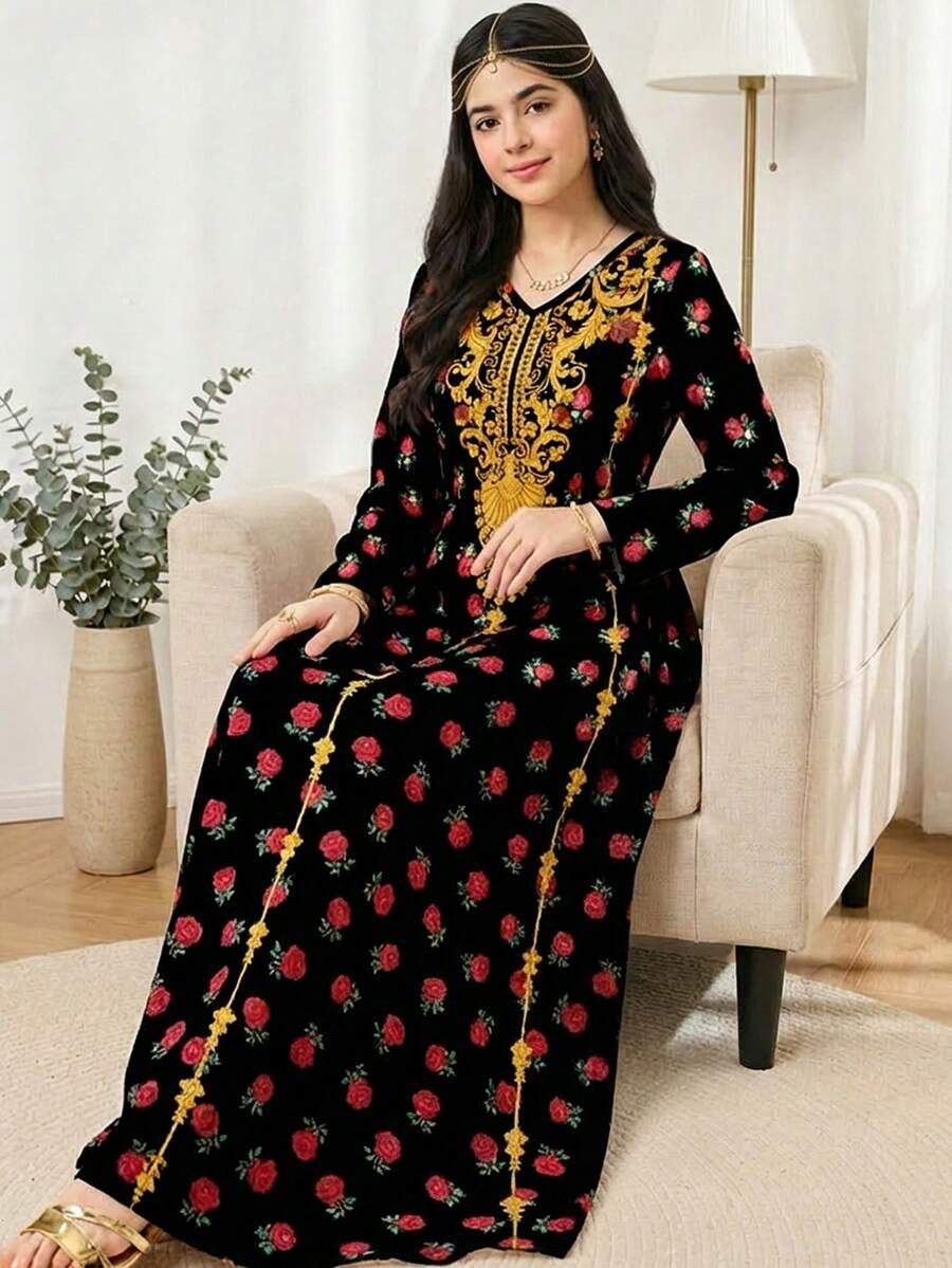 Đầm dài tay cổ chữ V cho bé gái tuổi teen, thích hợp cho mùa thu/đông. - trắng - Xem 1