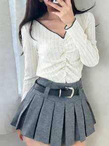 FRIFUL 女士休闲撞色滚边褶皱T恤，秋季长袖春季款 - 白色 - 查看 5