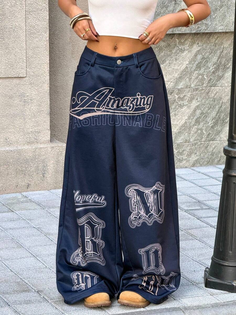 SHEIN Muchic 女士休闲时尚街头日常通勤字母印花宽松阔腿裤 - 藍色 - 查看 1