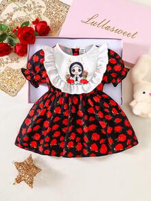 Perso Play Baby Girl Spring And Summer Black Color Princess-Sleeve Dress Color-Blocking Technique Large Ruffle Vivid Printed Patterns Baby Outfits For Girls Ootd Baby Girl Short Sleeve Dress Baby Girl Summer Dress Baby Girl Floral Print Dress Baby Girl Dress - Multicolor - View 3