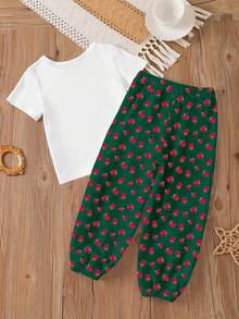 2pcs/Set Young Girls Fashion Casual Cute Cartoon Princess Print Short Sleeve T-Shirt And Rose Print Pants, Children Clothing Suitable For Spring/Summer, Holiday, Ramadan - Multicolor - View 2