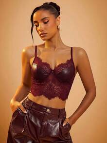 Hauture PU Leather Bust Lace Cami Corset Top - Red - View 5