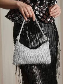 SHEIN SXY 女士晚宴包、单肩包、流浪包，时尚奢华，镶钻，闪亮，银色，亮片，串珠，适合鸡尾酒会、派对、舞会、俱乐部、约会、生日、晚宴、宴会等场合。 - 銀色 - 查看 2