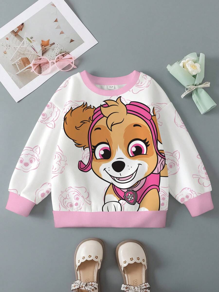 SHEIN | PAW Patrol Young Girl Dog Print Round Neck Long Sleeve Sweatshirt, Casual For Autumn - White - View 1