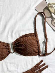 Swim Chiccia Bộ bikini tankini ôm sát cơ thể màu trơn có họa tiết trang trí - màu nâu - Xem 5