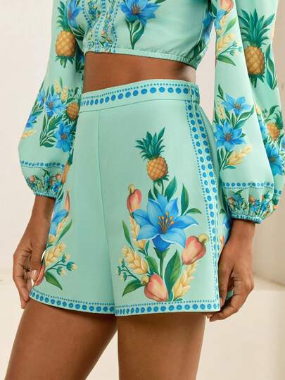 SHEIN x Eduarda Gutierrez CAJUNI Shorts de verano con bloqueo de color de cintura alta, estilo tropical y lindo