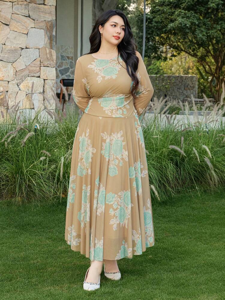 Dazy Plus Plus Size Valentine Floral Print V-Neck Waist Cinched Elastic Fitted Elegant Dress, Spring/Summer Maxi Dress Sundress