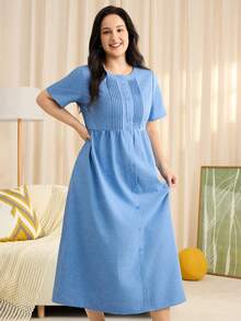 Momelise 大码女式纯色长款短袖连衣裙，圆领纽扣设计，腰部褶裥松紧带，宽松舒适，休闲度假通勤情人节多场合穿着，春夏款 - 藍色 - 查看 6