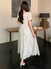 DAZY Women's Embroidered Puff Sleeve Midi Dress, Elegant Waist Cinched, Suitable For Dates And Parties Wedding Guest Dress - White - View 3