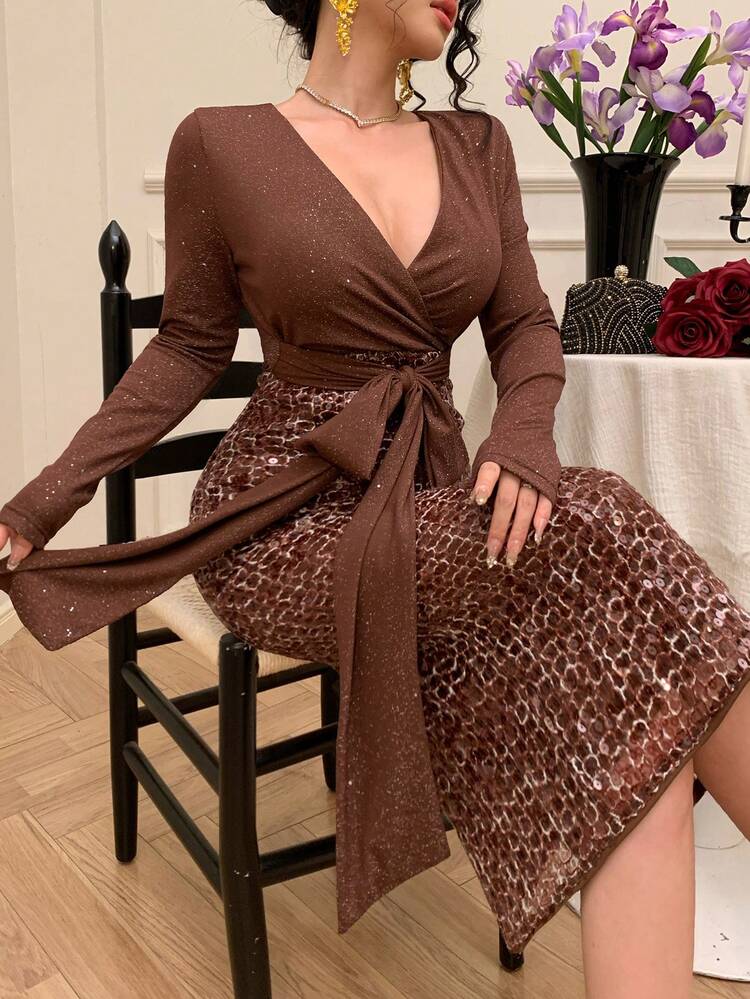 Spring & Summer Shiny Sequin Contrast Color Patchwork Dress, Elegant Tie-Up Bodycon Midi Dress For Valentine's Day, Wedding, Party, Banquet Carnival Wedding Guest Dress Sparkly Dress Sundress