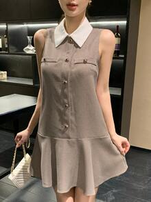 DAZY Women's Elegant Contrast Color Collar Faux Pocket Sleeveless Mini Dress, Summer - Khaki - View 3