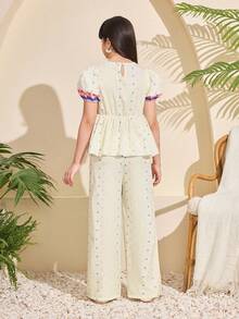 少女休闲中东风可爱印花上衣和裤子套装，适合外出和度假 - 彩色 - 查看 7