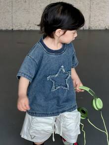 DAZY Toddler Boys' Round Neck Five-Pointed Star Korean Style Washed Denim Streetwear - Blue - View 7