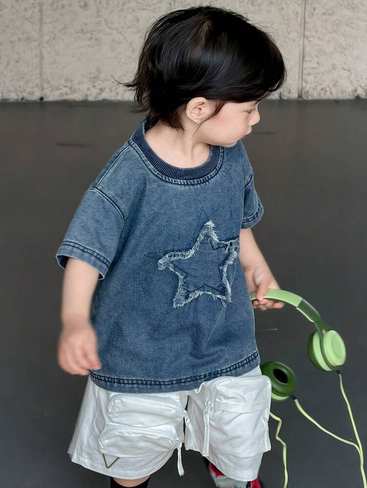 Baby Boys' Round Neck Five-Pointed Star Korean Style Washed Denim Streetwear Summer