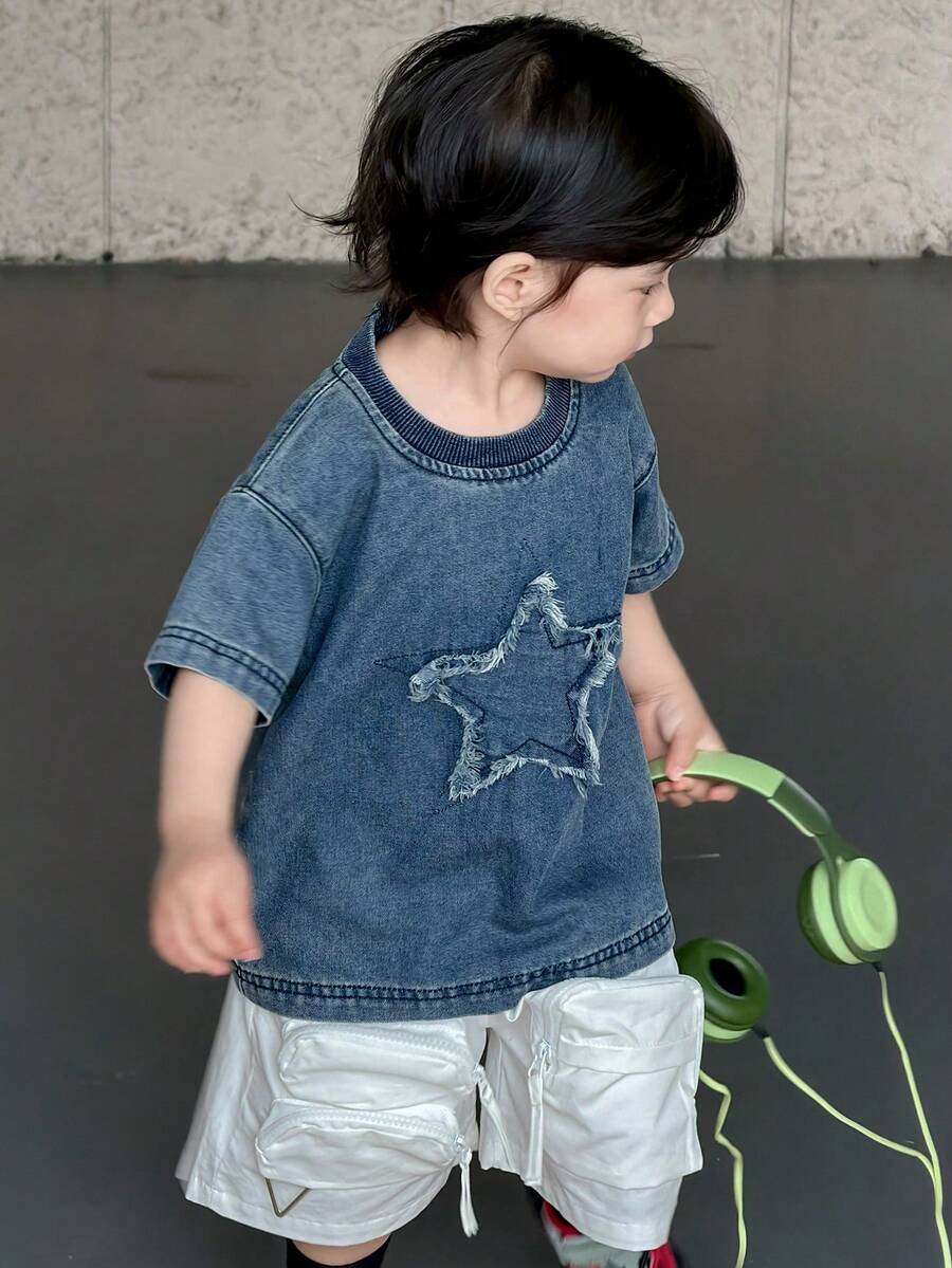DAZY Toddler Boys' Round Neck Five-Pointed Star Korean Style Washed Denim Streetwear - Blue - View 1