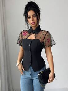 Elenzga Black Shirt Collar Patchwork Delicate Mesh Embroidered Floral Ruffle Sleeve Blouse, Suitable For Summer Wear - Black - View 3