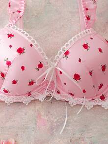 Women's Romantic Rose Floral Print Contrast Lace Twist Front Underwire Bra - Pink - View 3