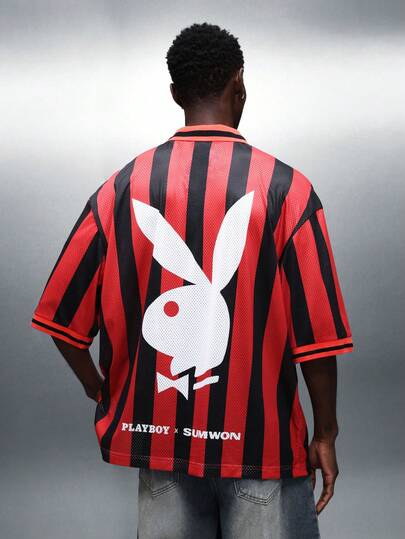 PLAYBOY X SUMWON Men's Oversized Soccer Jersey T-Shirt With Bunny Logo Vertical Stripes Short Sleeve Crew Neck Number 53 Print