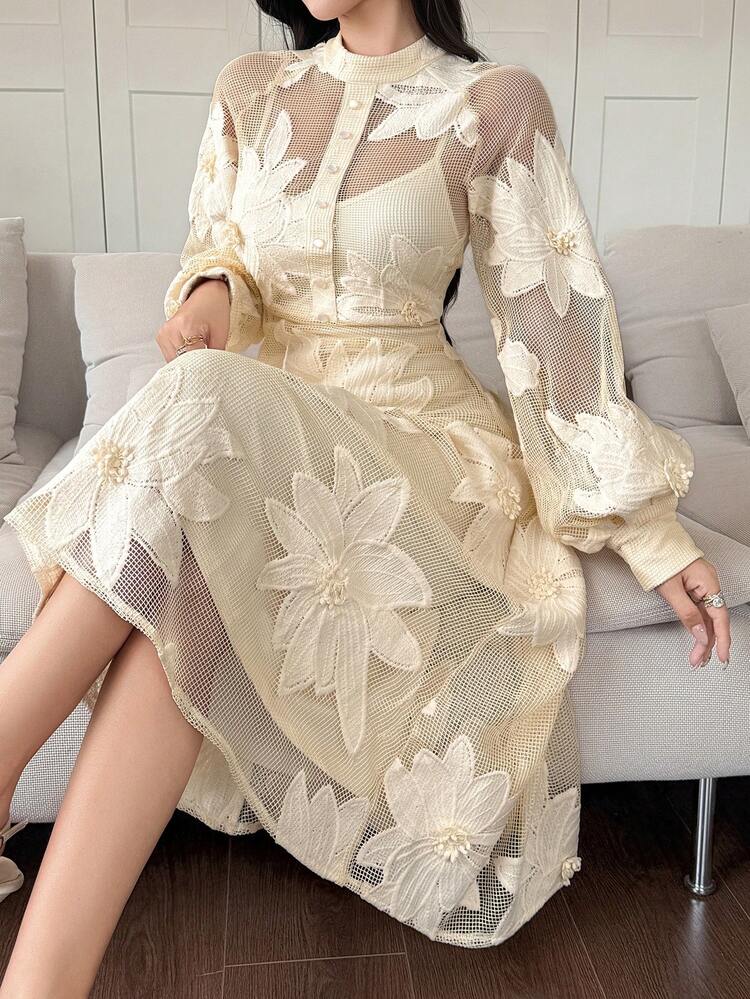 DAZY Vestido Médio Elegante Feminino com Gola Alta e Estampa Floral, Vestido de Convidada de Casamento de Outono/Inverno - Damasco - Visão 6