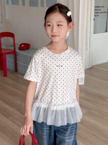 DAZY Tween Girls Round Neck Knit Polka Dot Print Contrast Mesh Short Sleeve T-Shirt, Fall Summer - White - View 1