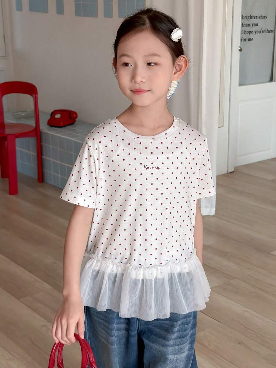 DAZY Tween Girls Round Neck Knit Polka Dot Print Contrast Mesh Short Sleeve T-Shirt, Fall Summer - White - View 1