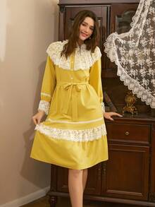 Côtesoire Áo ngủ nữ kiểu Pháp lãng mạn, thanh lịch, phong cách cung điện, phối màu tương phản, ren ghép mảnh, tay áo phồng. - Màu vàng - Xem 1