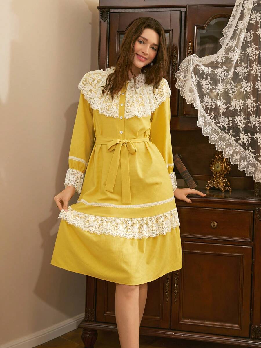 Côtesoire Áo ngủ nữ kiểu Pháp lãng mạn, thanh lịch, phong cách cung điện, phối màu tương phản, ren ghép mảnh, tay áo phồng. - Màu vàng - Xem 1