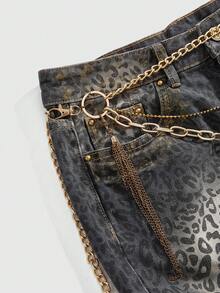 ROMWE Grunge Punk Váy denim mini cạp siêu trễ in họa tiết da báo Y2K đính đá kim loại lấp lánh - màu đen - Xem 3