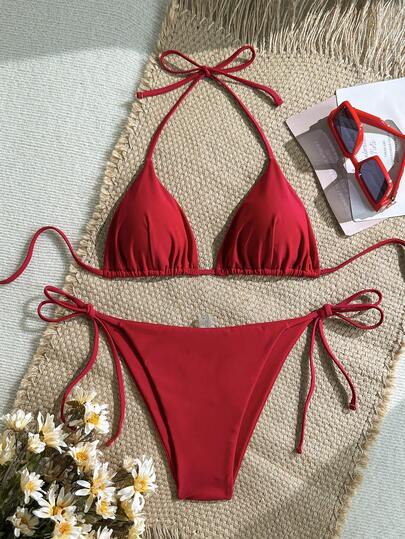 Swim Mod Women's Solid Color Halter Triangle Cup Side Tie Bikini Swimsuit Set, Summer Beach