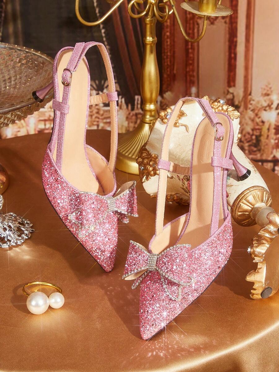 CUCCOO TILAWA 时尚性感魅力女士高跟鞋，水钻蝴蝶结设计，闪亮亮片，舒适百搭的派对/活动高跟鞋 - 格利特粉色 - 查看 1